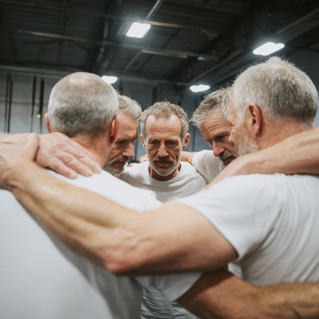 Group of white ukranian middle-aged men supporting each other in fitness journey
